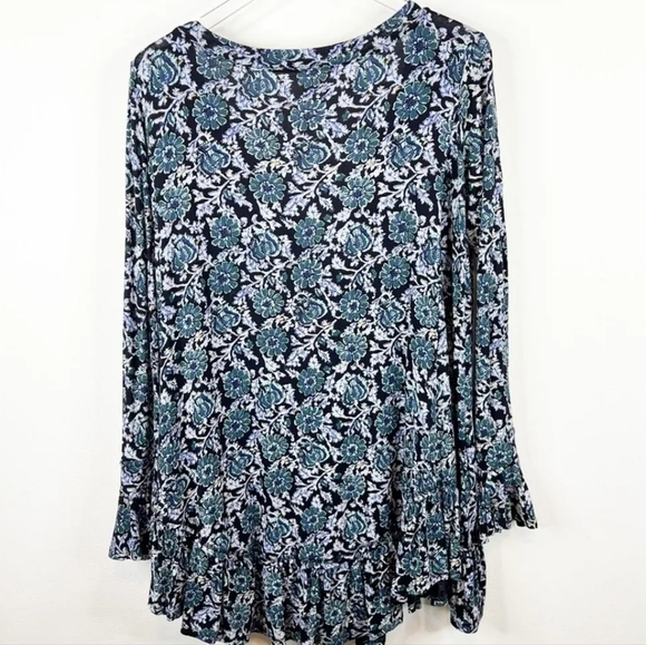Free People Olivia Jersey Tunic Dress Blue Floral Plunging V-neck Ruffled Hem SM - Picture 11 of 15